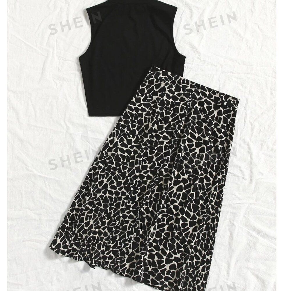 SHEIN Black and White Solid Mock Neck Tank and Allover Print Skirt Set Sz L NWOT